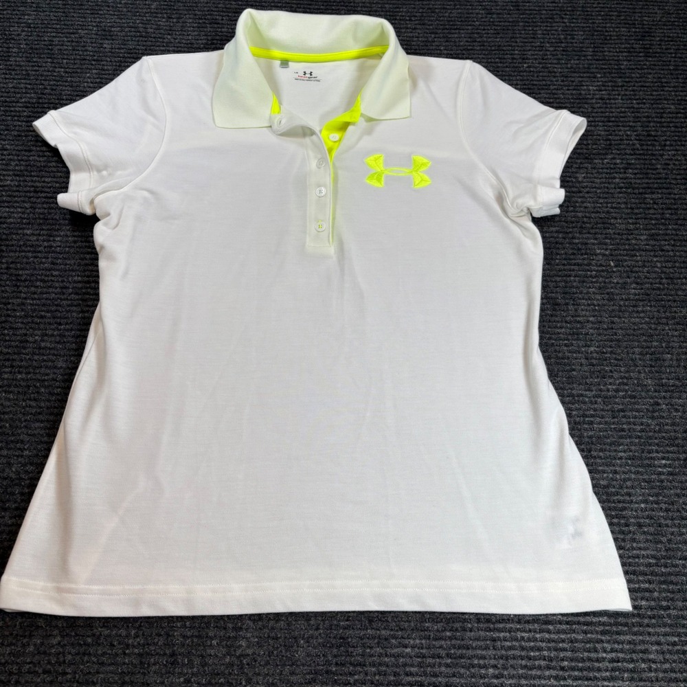 Under Armour HeatGear Womens Polo Shirt Large White Neon Yellow Golf‎ Tennis Top
